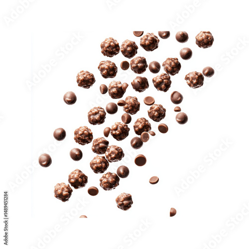 Delicious Chocolate Crispies and Chips Falling on White Background
