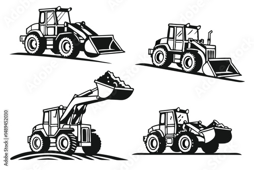 Set of Vector Illustration Loader Construction Equipment in Different Positions, Machinery for Loading, Black and White Icon.