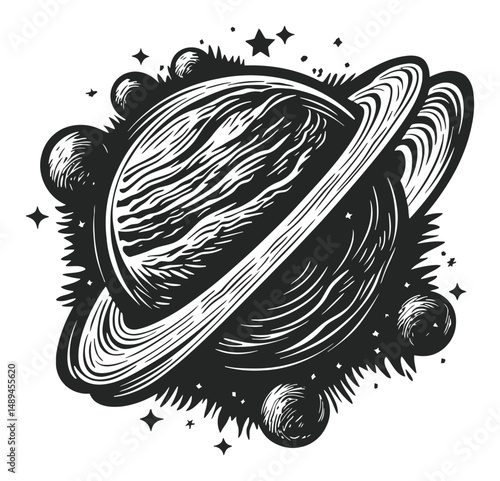 Detailed Engraving of a Planet with Rings and Orbiting Celestial Bodies