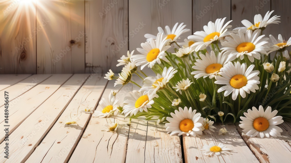 Fototapeta premium Sunlit Daisies on Rustic White Wooden Planks