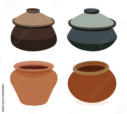 Collection of traditional clay pots with and without lids isolated on white background illustration