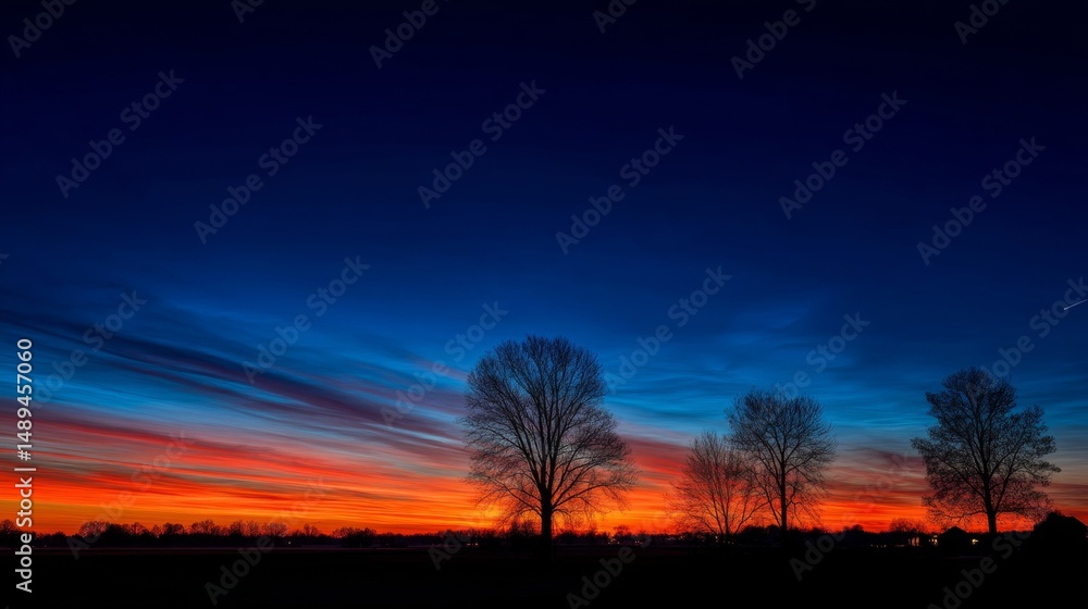 Fototapeta premium Breathtaking Sunset with Vibrant Sky Colors and Silhouetted Trees Against a Beautiful Horizon
