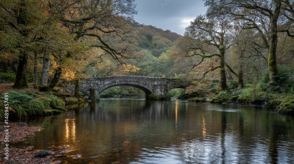 Fototapeta premium Scenic Overview of a Stone Arch Bridge Reflecting in a Serene River Surrounded by Autumn Foliage and Misty Mountains