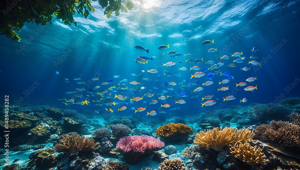 Fototapeta premium Swimming School of Fish Over Colorful Coral Reef in Ocean Sunlight