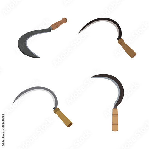 Collection of traditional sickles with wooden handles for farming and harvesting on white background