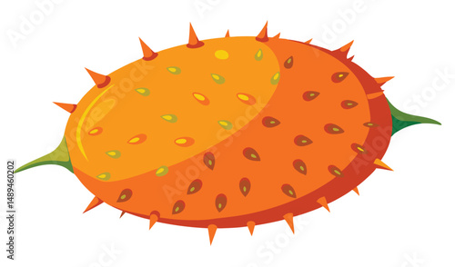 Cartoon Illustration of a Single Horned Melon, Exotic Fruit with Prickly Skin