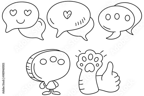 Cute social media icons like speech bubbles and emojis express emotions and engagement in digital communication