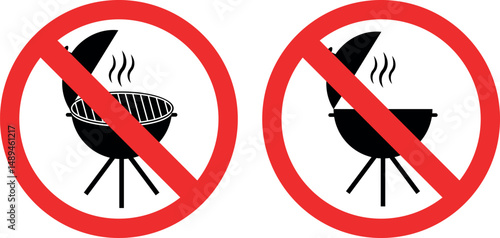 no grilling signs with red prohibition circles over black barbecue grills showing cooking is not allowed	