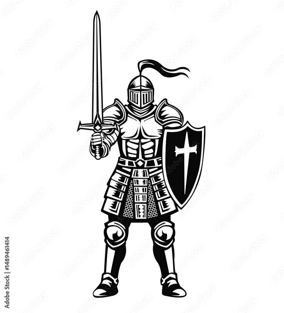 Fototapeta premium Black and white vector illustration of a knight holding sword and shield
