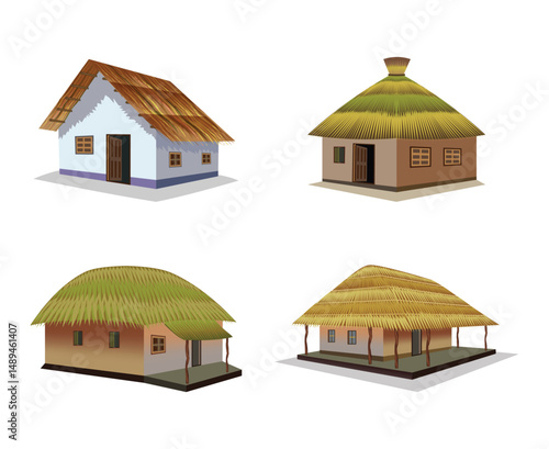 Set of traditional rural houses with thatched roofs isolated on white background illustration