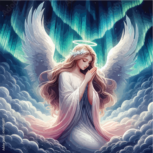 beautiful angel with aurora background