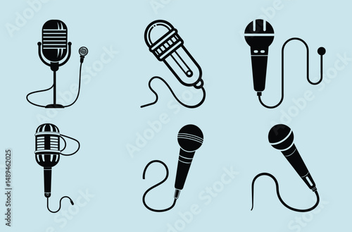 Lavalier Microphone silhouette, Microphone silhouette icon, Mic with wire, Audio device vector, Vocal mic graphic