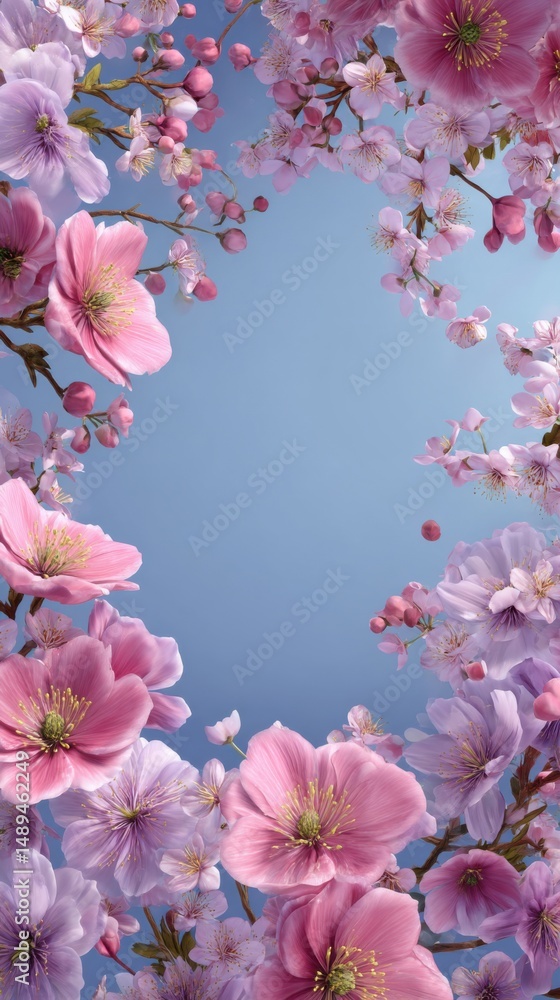 Pink cherry blossoms in spring create a beautiful floral frame for design and decoration Pink cherry blossoms in spring create a beautiful floral frame for design and decoration