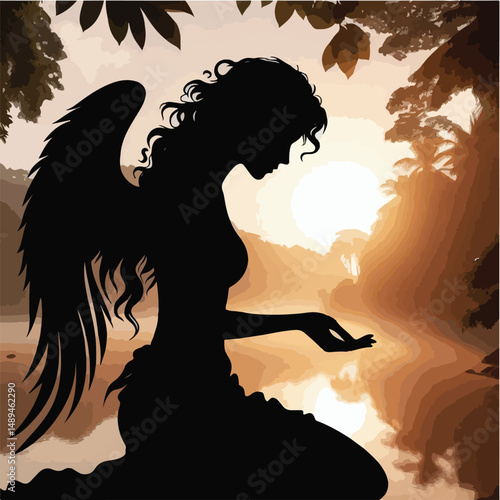 beautiful angel with aurora background