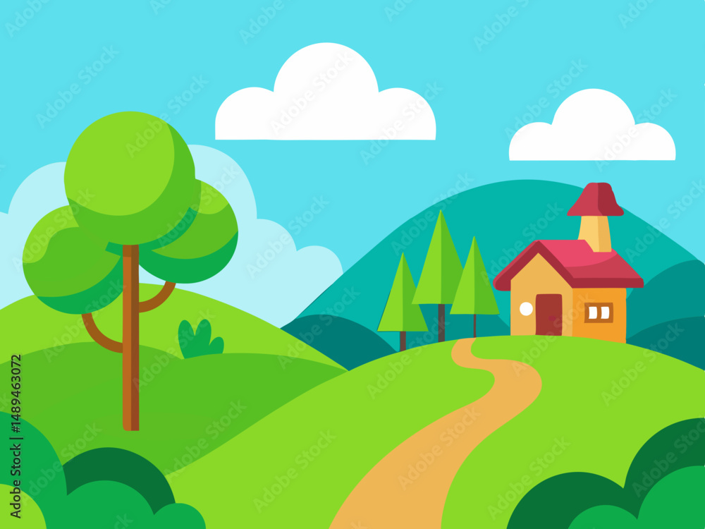 Fototapeta premium Vibrant fantasy landscape carton digital art illustration background wallpaper