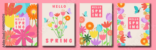 Hello Spring modern lettering design Set of greeting cards, posters, holiday covers on colorful flowers and beautiful butterflies.