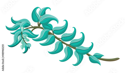 Illustration of Jade Vine with Teal Leaves and Branch on White Background