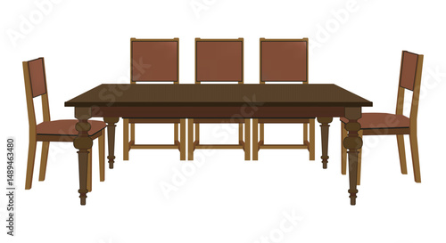 Classic wooden dining table set with brown cushioned chairs isolated on white background