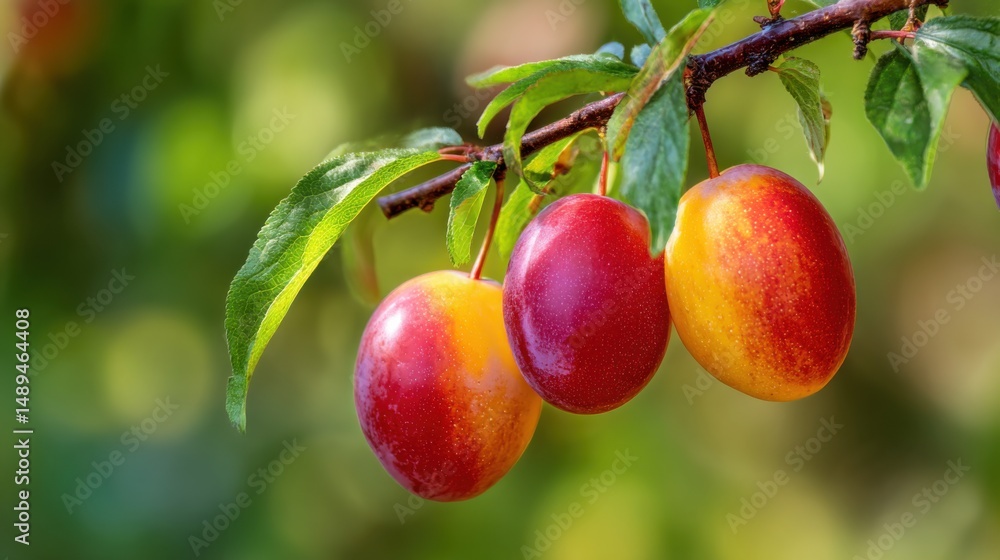 Pluot harvest with colorful fruit on branch in summer garden setting Pluot harvest with colorful fruit on branch in summer garden setting