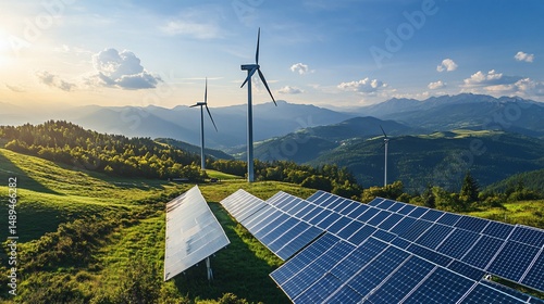 Renewable Energy Landscape Wind Turbines and Solar Panels on a Hillside with Mountain View