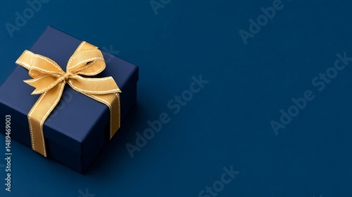 Elegant blue gift box with a golden ribbon on a dark surface.