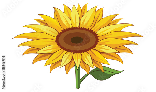 Cartoon Sunflower Yellow Petals, Brown Center, Green Stem and Leaf on White Background