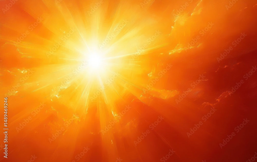 Obraz premium Bright radiant sunlight shining through scattered clouds with intense warm orange and yellow hues creating a glowing sky