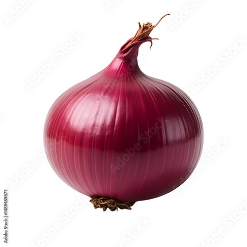 Photorealistic close-up of a vibrant red onion showcasing its textured skin and intricate root details with captivating clarity