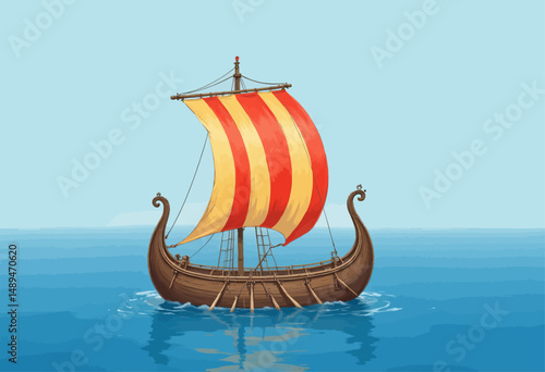 Ancient Viking Ship Sails Calm Seas at Sunset