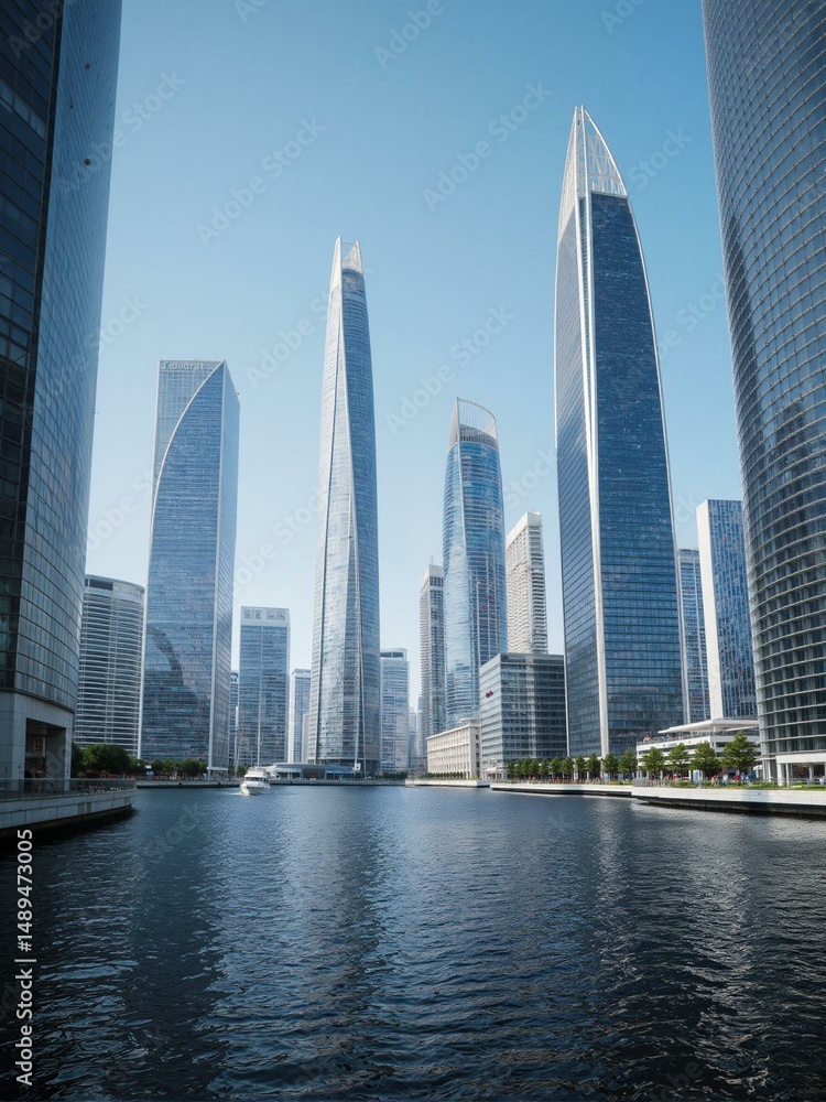 Obraz premium A city with skyscrapers and buildings on both sides of river. A boat is in motion across the water surface.