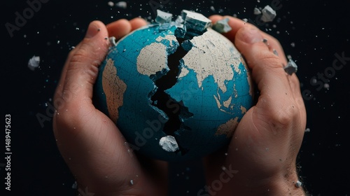 Hands holding a cracked, breaking Earth, symbolizing global fragility and environmental crisis.