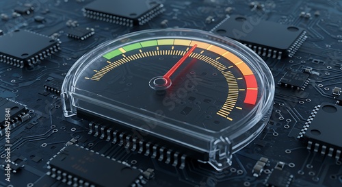 Digital Performance Meter on Circuit Board Indicating High Speed, Data Flow, or System Overload