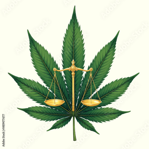 Golden Justice on Cannabis Leaf, Symbolizing Balance and Fairness