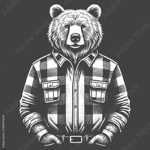 Rustic Bear Wearing Lumberjack Shirt Drawing – Vintage Forest Animal Vector Artwork for Nautical Apparel, Posters, and T-Shirt Designs on Dark Background