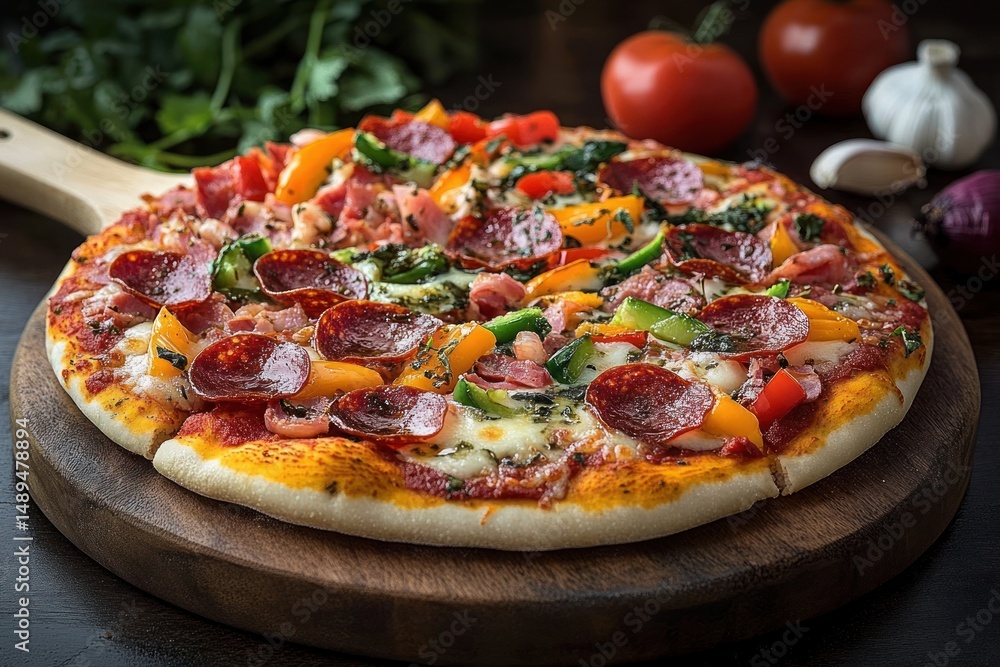Freshly baked pizza topped with pepperoni, colorful bell peppers, spinach, ham, and melted cheese on a wooden pizza paddle Freshly baked pizza topped with pepperoni, colorful bell peppers, spinach, ham, and melted cheese on a wooden pizza paddle