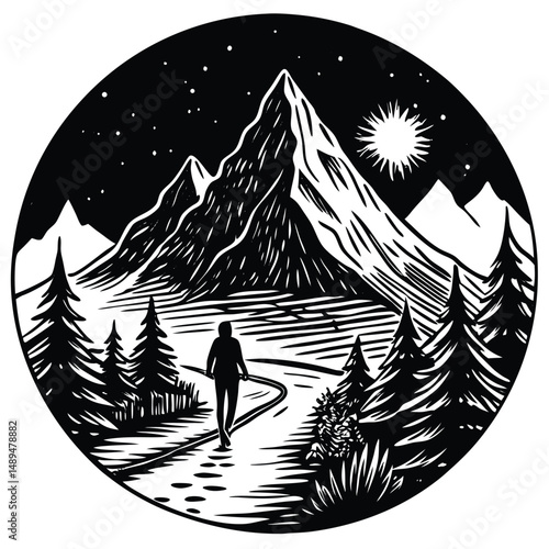 Person Hiking Up a Mountain Path at Sunrise