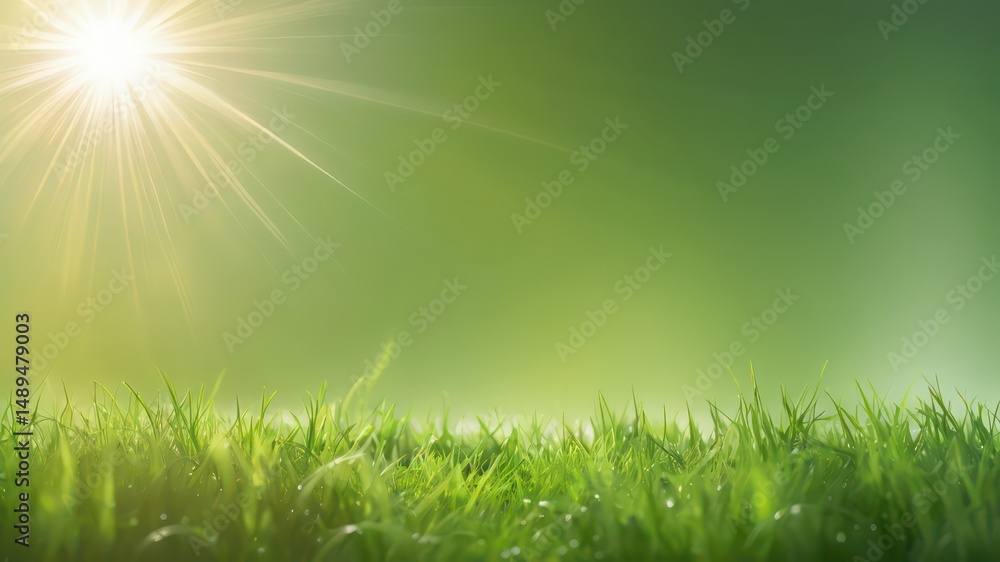 Fototapeta premium Serene Springtime Meadow with Bright Sunlight and Dewy Grass