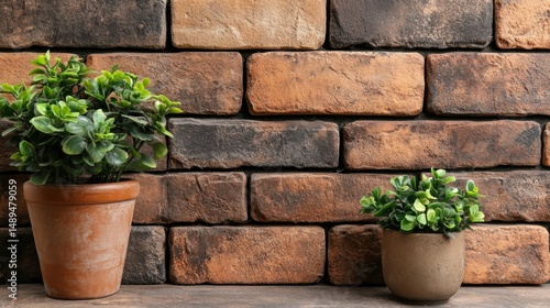 Green potted plants against rustic brick wall background