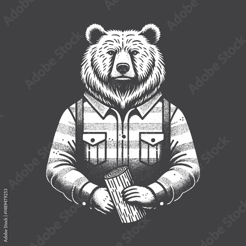 Rustic Bear Wearing Lumberjack Shirt Drawing – Vintage Forest Animal Vector Artwork for Nautical Apparel, Posters, and T-Shirt Designs on Dark Background