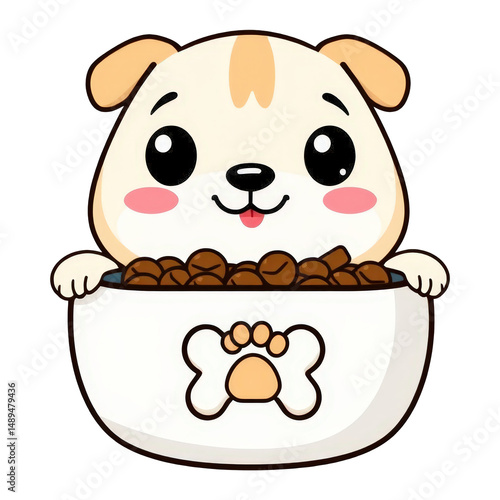 Adorable cartoon puppy inside a dog food bowl with bone symbol AI generated