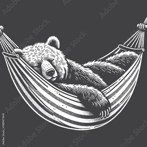 Rustic Bear Sleeping in Hammock Drawing – Vintage Forest Animal Vector Artwork for Nautical Apparel, Posters, and T-Shirt Designs on Dark Background