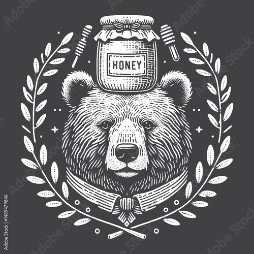 Rustic Bear with Honey Jar on Head Drawing – Vintage Forest Animal Vector Artwork for Nautical Apparel, Posters, and T-Shirt Designs on Dark Background
