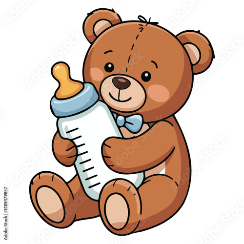 Sweet infant teddy bear with baby bottle for nourishment isolated vector illustration on white background