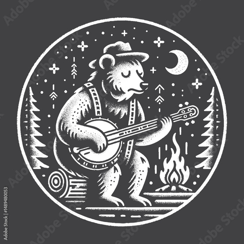 Rustic Bear Playing Banjo Near Campfire Drawing – Vintage Forest Animal Vector Artwork for Nautical Apparel, Posters, and T-Shirt Designs on Dark Background
