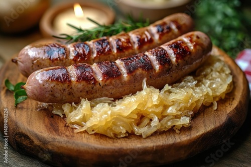 Wallpaper Mural two grilled sausages with char marks served on a wooden board alongside a generous portion of sauerkraut with fresh herbs in background Torontodigital.ca