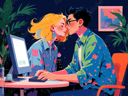A playful interaction between a girl and a boy at a computer desk showcases creativity, connection, and collaboration in a flirtatious manner, capturing youthful energy