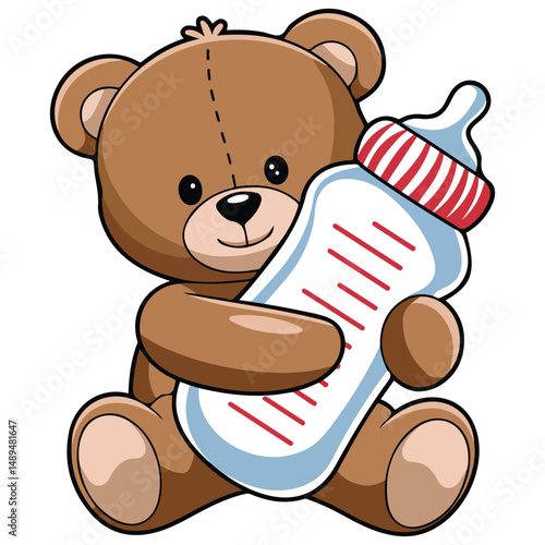 Adorable baby teddy holding milk bottle for feeding isolated vector illustration on white background