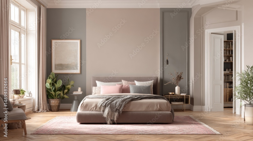 Fototapeta premium Elegant bedroom interior with warm color palette