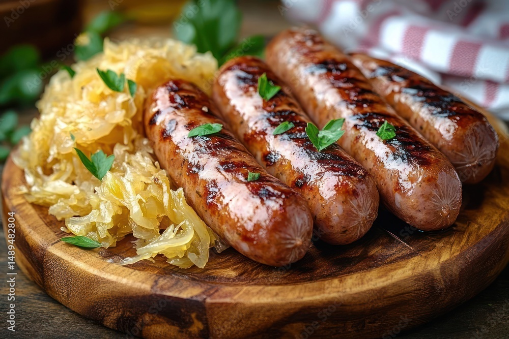 Four grilled sausages garnished with fresh green herbs served with a side of sauerkraut on a round wooden cutting board, evoking a hearty and appetizing meal Four grilled sausages garnished with fresh green herbs served with a side of sauerkraut on a round wooden cutting board, evoking a hearty and appetizing meal