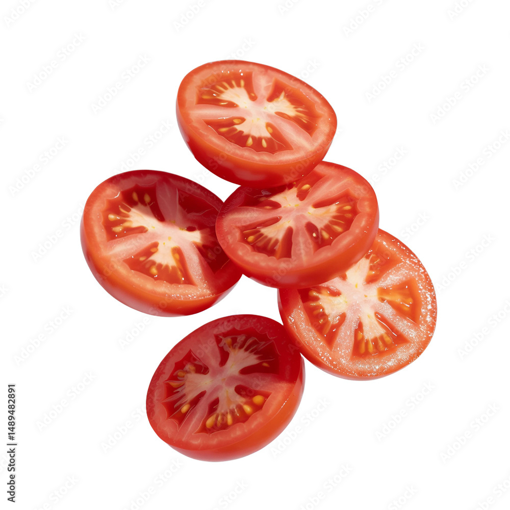Floating Fresh Tomato Slices With Seeds Isolated on white and transparent background. Floating Fresh Tomato Slices With Seeds Isolated on white and transparent background.